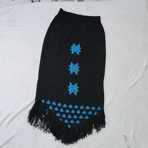 Vintage French Rags Hand Loomed Knit Sweater & Skirt Set Black Blue Fringe Size - Picture 10 of 13